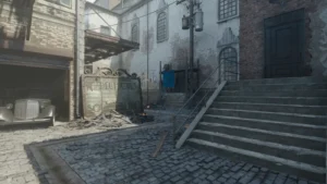 The Alley under a grey sky, the stone stairs and the old cars, official screenshot, Kino der Toten, Call of Duty Black Ops III Zombies