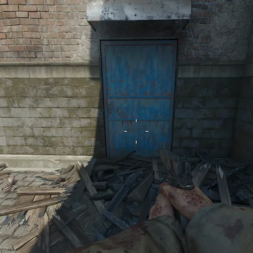 The blue metal door of the Alley under a small canopy, in a brick wall above a pile of planks, Kino der Toten, Call of Duty Black Ops III Zombies