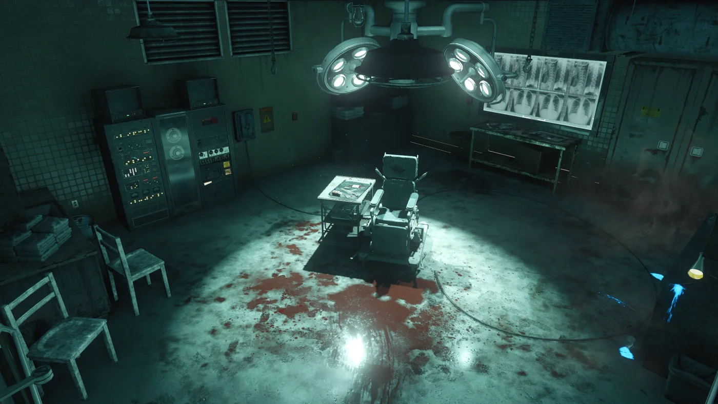 The Dentist's Office, a chair under surgical lamps on a floor soaked in blood, official screenshot, Kino der Toten, Call of Duty Black Ops III Zombies