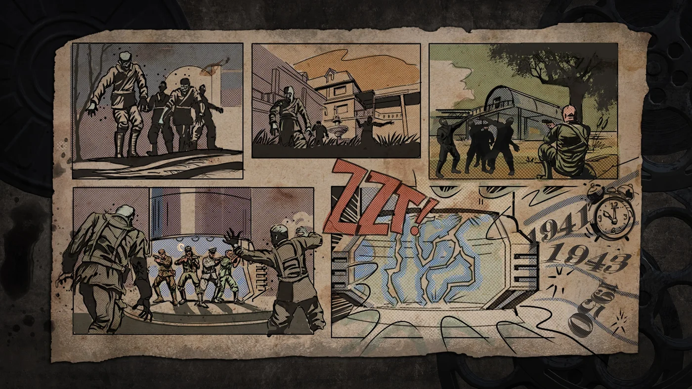 The comic-book loading screen of the remaster, the four heroes fighting zombies under the date 1963, Kino der Toten, Call of Duty Black Ops III Zombies