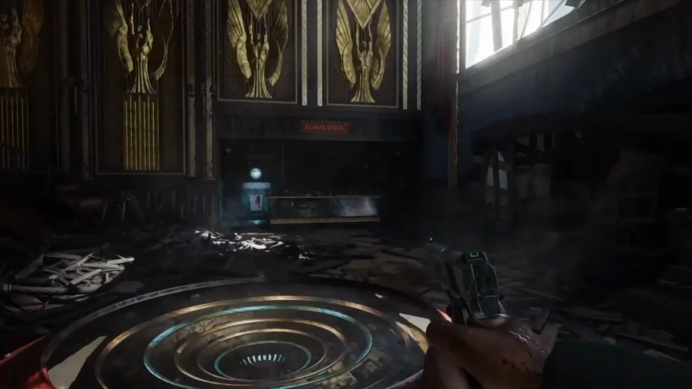 The Lobby at the start of a game, the mainframe pad in the foreground and the Quick Revive machine lit at the bar under the golden eagle panels, Kino der Toten, Call of Duty Black Ops III Zombies