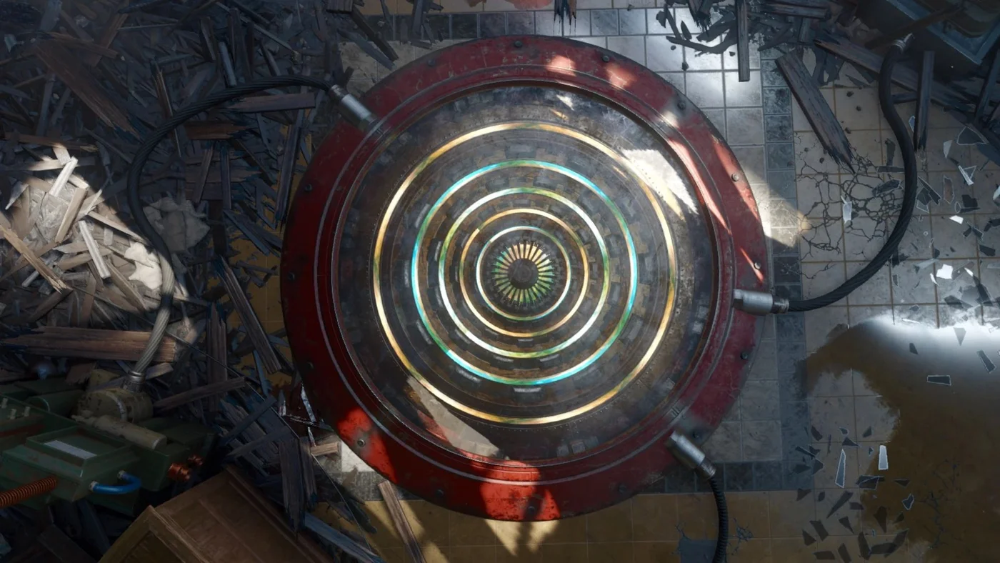 The mainframe pad of the Lobby, its rings glowing among the debris, official screenshot, Kino der Toten, Call of Duty Black Ops III Zombies