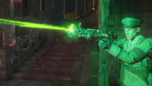 Richtofen firing a Ray Gun Mark II at the foot of a staircase of the Lobby, official screenshot, Kino der Toten, Call of Duty Black Ops III Zombies