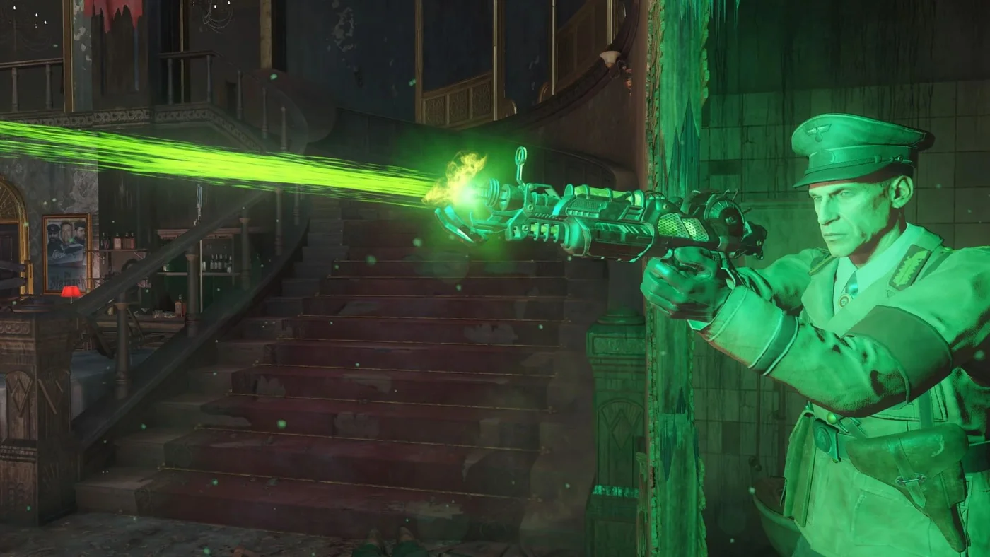 Richtofen firing a Ray Gun Mark II at the foot of a staircase of the Lobby, official screenshot, Kino der Toten, Call of Duty Black Ops III Zombies