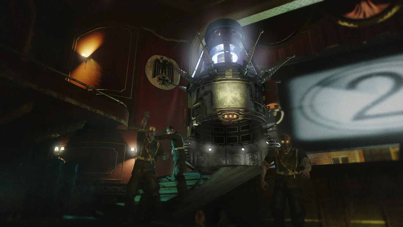The teleporter of the theater, glowing under the projection screen, official achievement image, Kino der Toten, Call of Duty Black Ops III Zombies