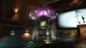 The teleporter glowing purple in front of the projection screen of the theater, official Zombies Chronicles image, Kino der Toten, Call of Duty Black Ops III Zombies