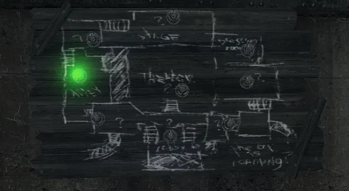 The chalk map of the theater by a Box spot, a green light marking where the Box is, in Kino der Toten, Call of Duty Black Ops Zombies