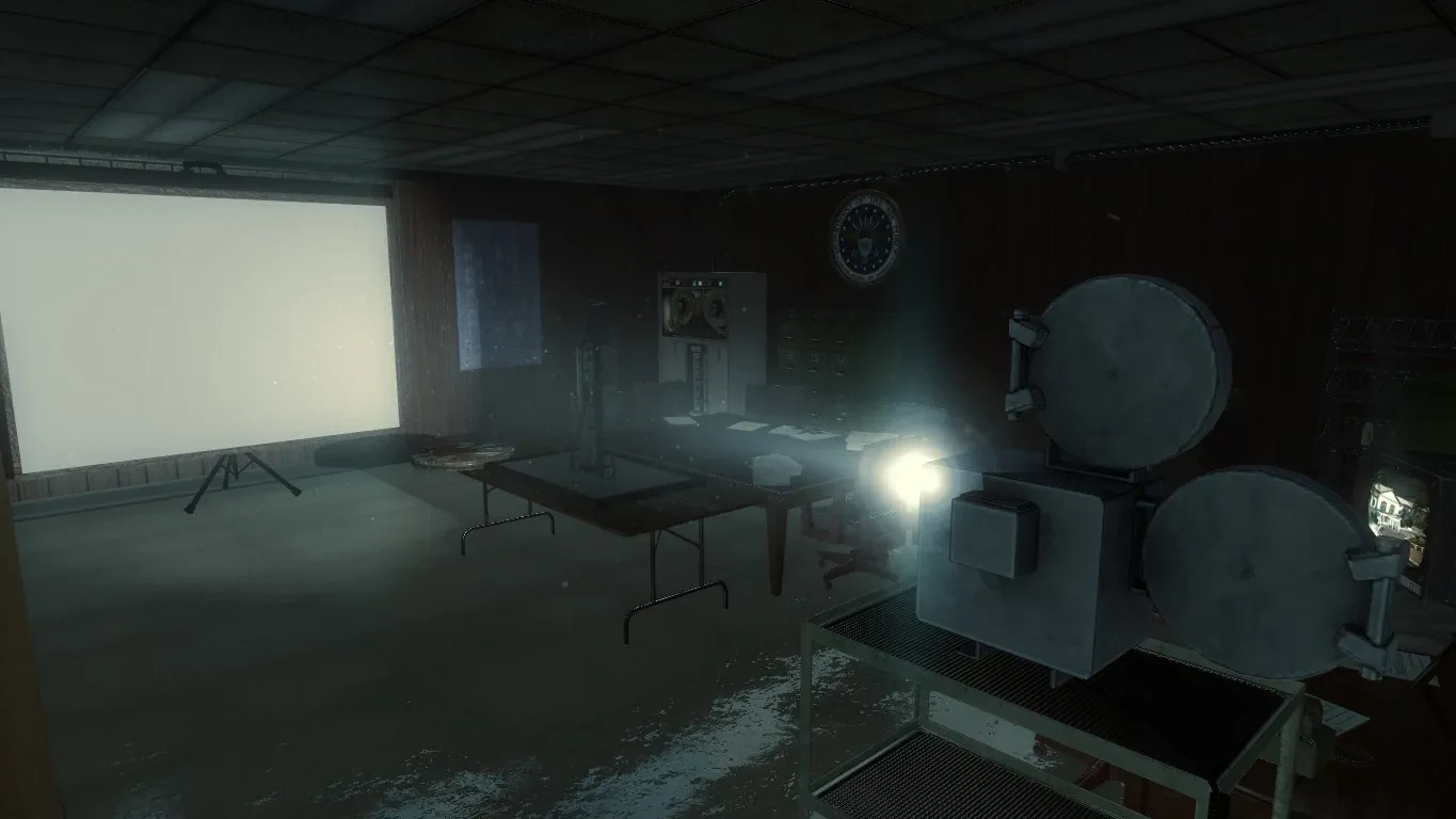The Conference Room with its projector and screen, reached through the teleporter in Kino der Toten, Call of Duty Black Ops Zombies