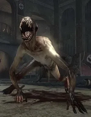 A Crawler zombie on all fours, its mouth wide open, in Kino der Toten, Call of Duty Black Ops Zombies