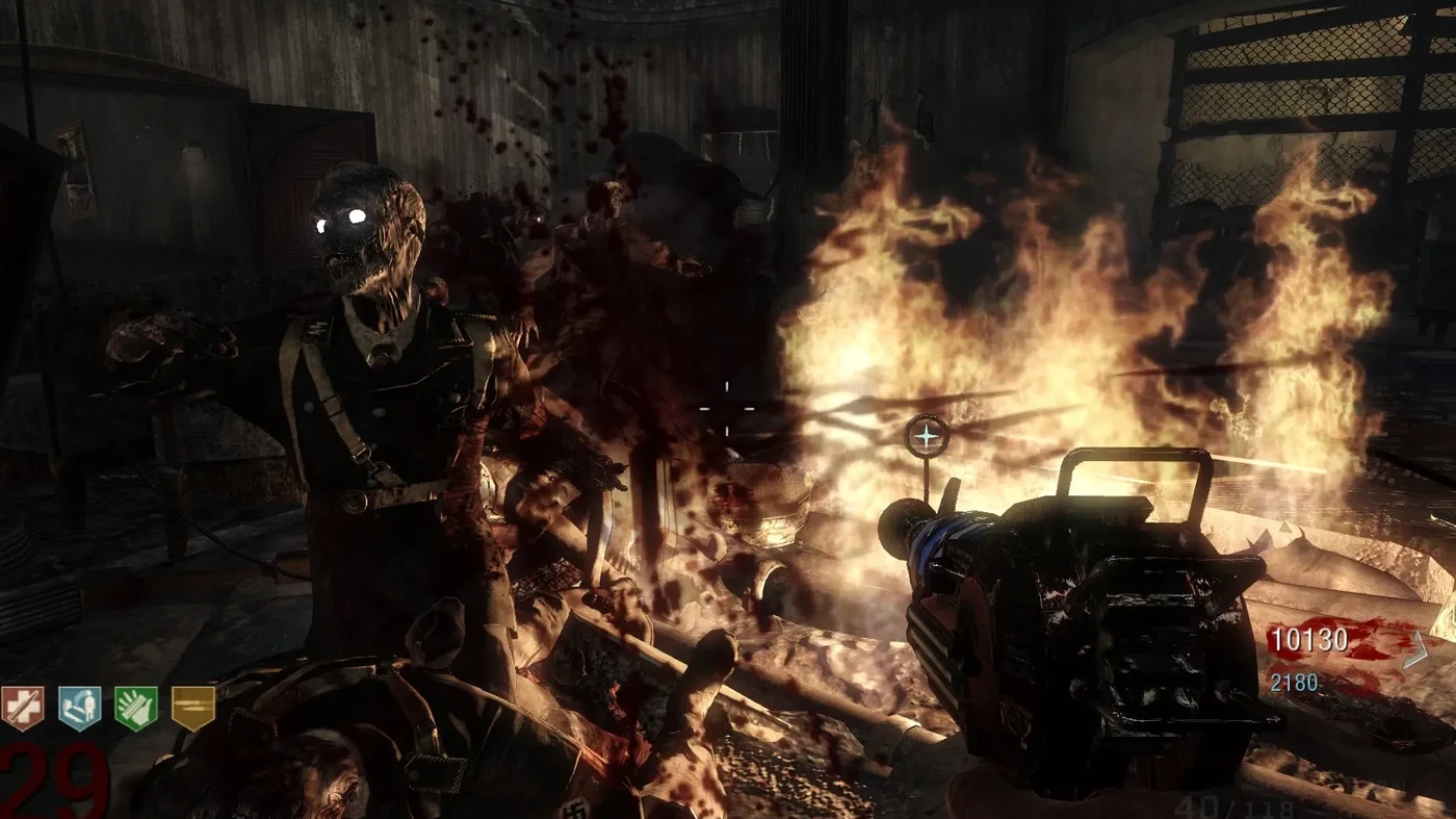 The fire trap burning zombies in the Lower Hall of Kino der Toten, Call of Duty Black Ops Zombies
