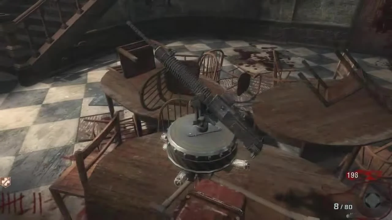 The Foyer of Kino der Toten, its turret on a table among chairs and a checkered floor, Call of Duty Black Ops Zombies