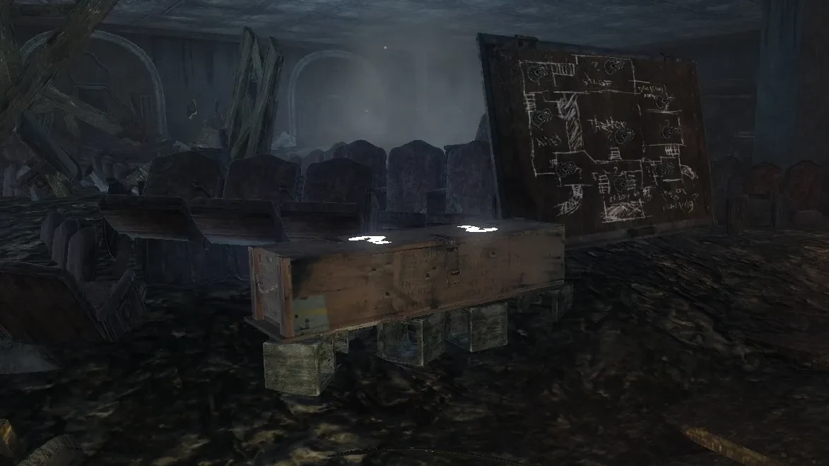 The Mystery Box on a Box spot of Kino der Toten, the chalk map on the wall behind it, Call of Duty Black Ops Zombies