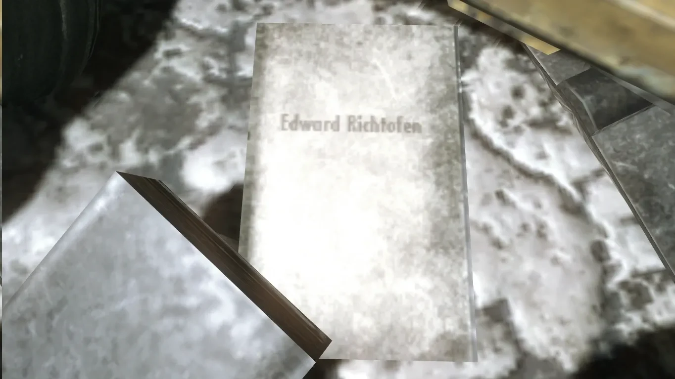 A book with the name Edward Richtofen on its cover, lying on the floor in Kino der Toten, Call of Duty Black Ops Zombies