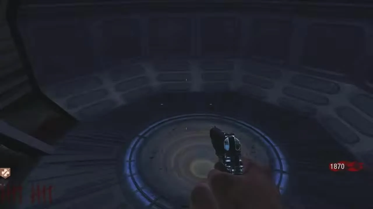 The teleporter pad on the side of the stage of Kino der Toten, its blue ring lit, Call of Duty Black Ops Zombies