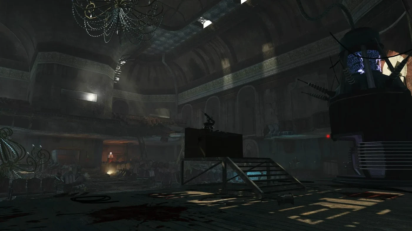 The theater of Kino der Toten seen from the seats, the stage at the back, Call of Duty Black Ops Zombies