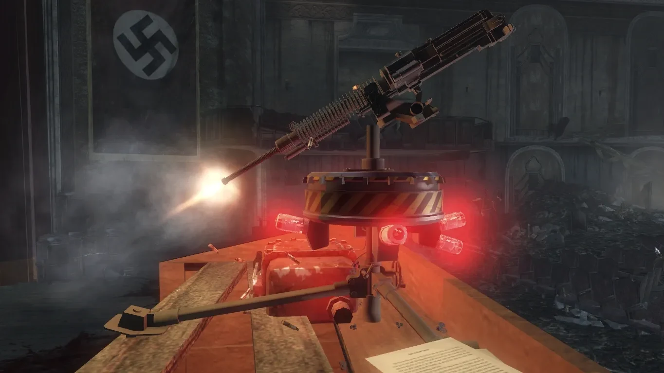 The stage turret firing, its red lights on, in Kino der Toten, Call of Duty Black Ops Zombies