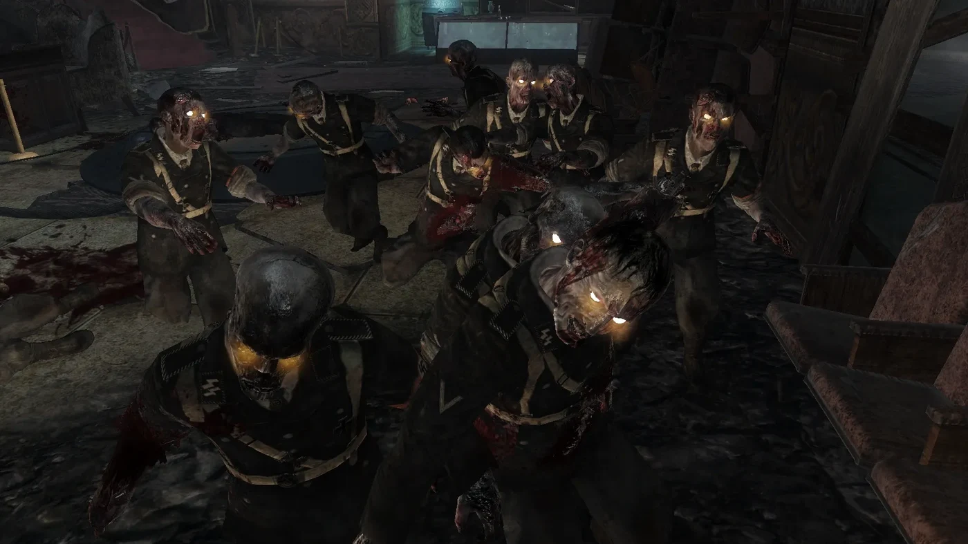 A horde of zombies with glowing eyes in Kino der Toten, Call of Duty Black Ops Zombies
