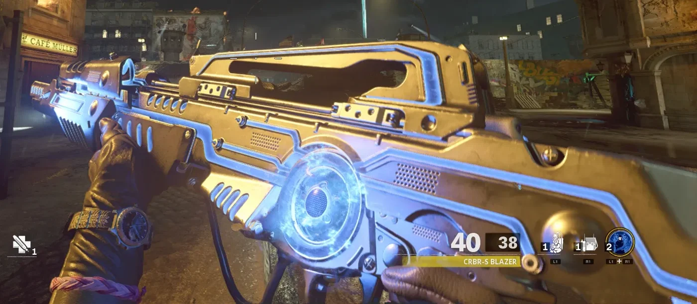 The CRBR-S Blazer with its blue beam emitter, first-person view, Mauer der Toten, Call of Duty Black Ops Cold War Zombies