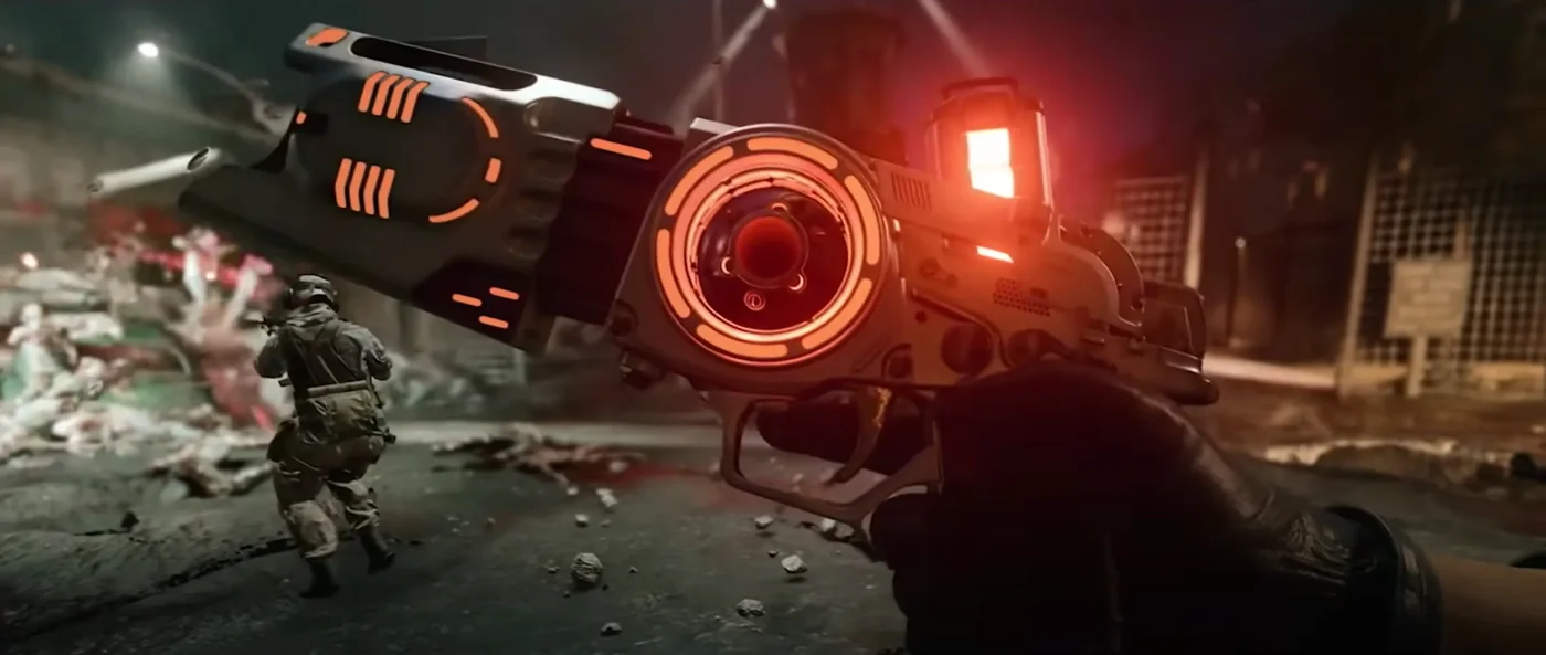 The CRBR-S wonder weapon with its red Copy-Cat orb, in the Mauer der Toten trailer, Mauer der Toten, Call of Duty Black Ops Cold War Zombies