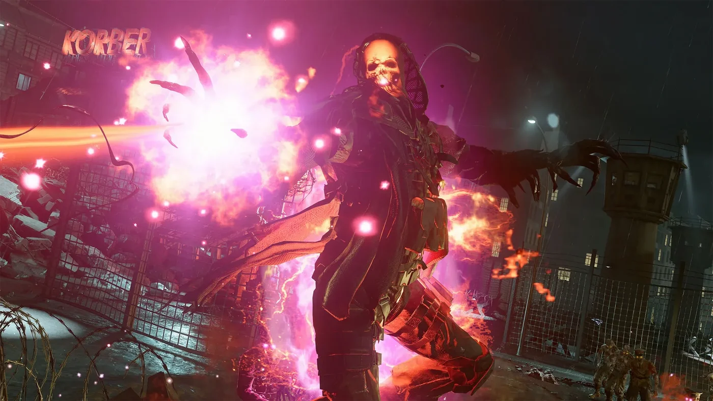 A Disciple with a skull face and glowing pink energy, floating over the Death Strip, Mauer der Toten, Call of Duty Black Ops Cold War Zombies