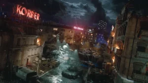 The East Berlin streets seen from above, under the KORBER and Der Dozent neon signs, Mauer der Toten, Call of Duty Black Ops Cold War Zombies
