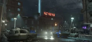 A wrecked East Berlin street at night under the neon KORBER sign, a beam of light rising in the distance, Mauer der Toten, Call of Duty Black Ops Cold War Zombies