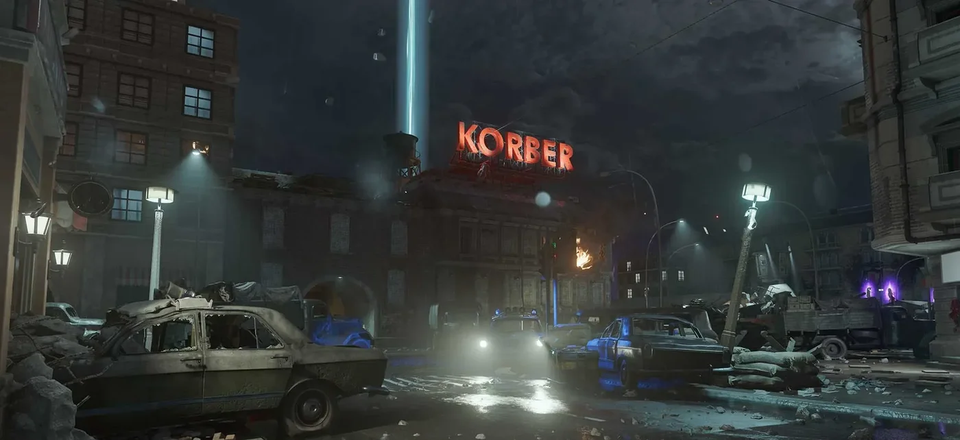 A wrecked East Berlin street at night under the neon KORBER sign, a beam of light rising in the distance, Mauer der Toten, Call of Duty Black Ops Cold War Zombies