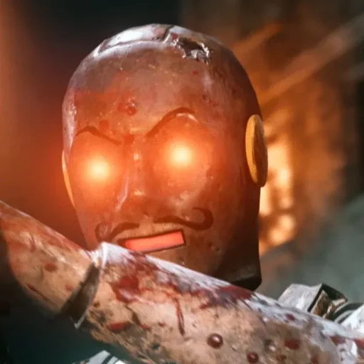 The face of Klaus, the Requiem robot, with glowing eyes and a painted moustache, Mauer der Toten, Call of Duty Black Ops Cold War Zombies
