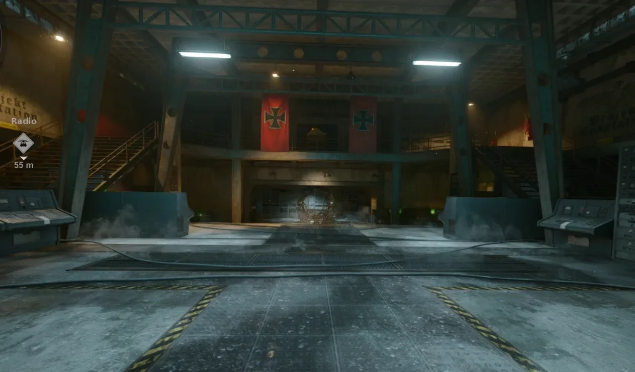 The hidden Endstation lab under Berlin, with red banners at the back, Mauer der Toten, Call of Duty Black Ops Cold War Zombies