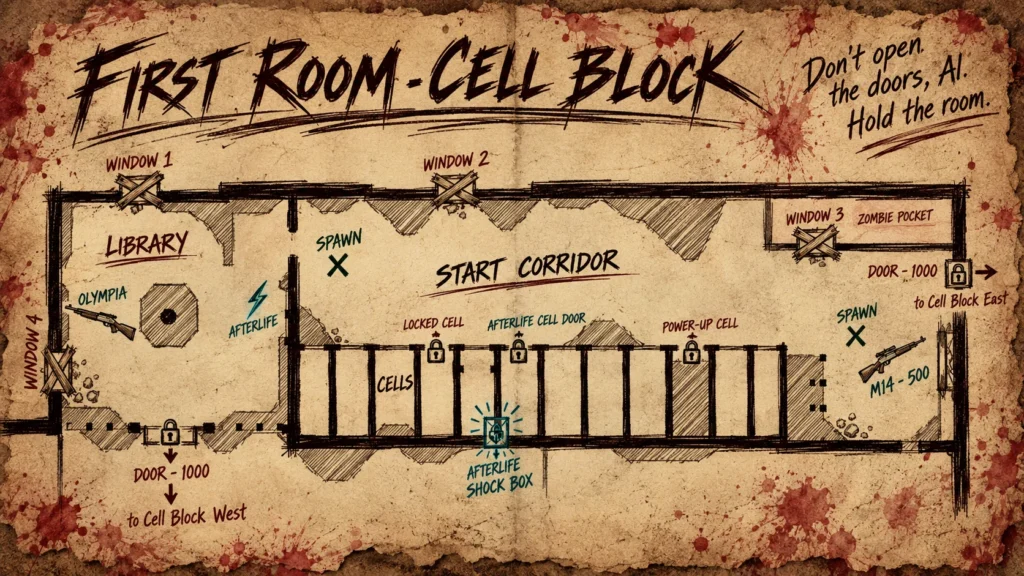 Top-down plan of the Mob of the Dead First Room: library, start corridor and cells, with windows, doors, wall buys and Afterlife points