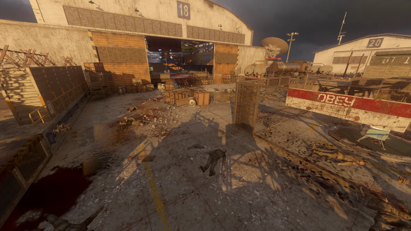 Area 51 under a stormy sky, with its hangars, crates and debris, Moon, Call of Duty Black Ops III Zombies