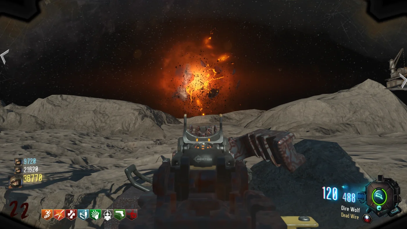 The Earth exploding in the black sky above the surface of the Moon, seen after the rockets of the Easter egg, Moon, Call of Duty Black Ops III Zombies
