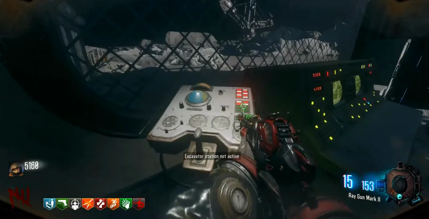 An excavator terminal of the Receiving Bay, with an excavator at work on the lunar surface behind the window, Moon, Call of Duty Black Ops III Zombies