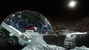 Griffin Station on the Moon, with the glass dome of the Bio-Dome and an excavator under the black sky, Moon, Call of Duty Black Ops III Zombies