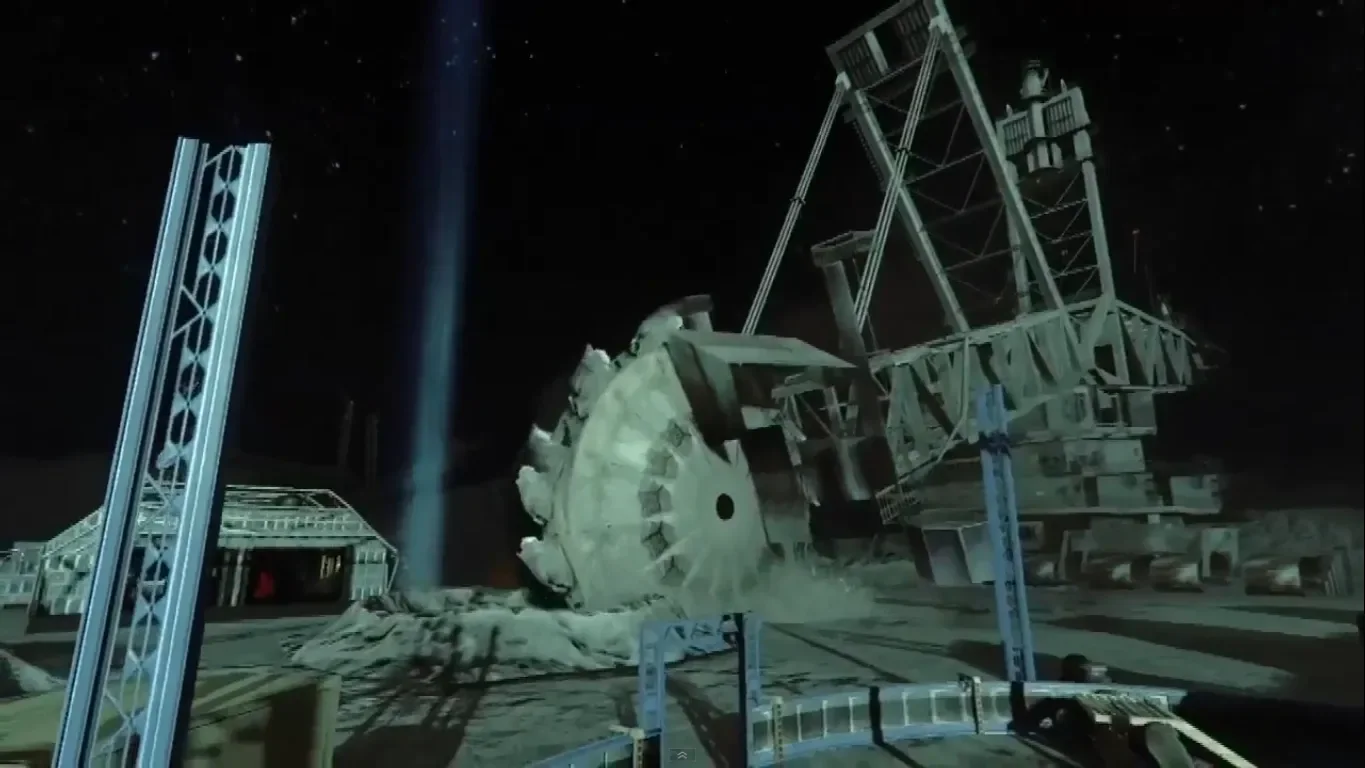 A giant bucket-wheel excavator digging towards Griffin Station in Moon, Call of Duty Black Ops Zombies