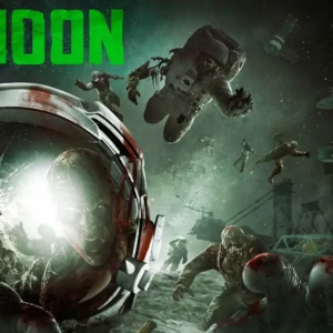 An astronaut zombie floating in space above zombies on the Moon, official Moon artwork, Call of Duty Black Ops Zombies