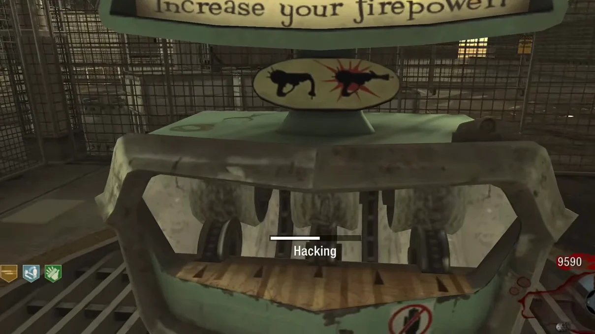 A player hacking the Pack-a-Punch machine with the Hacker in Area 51 in Moon, Call of Duty Black Ops Zombies
