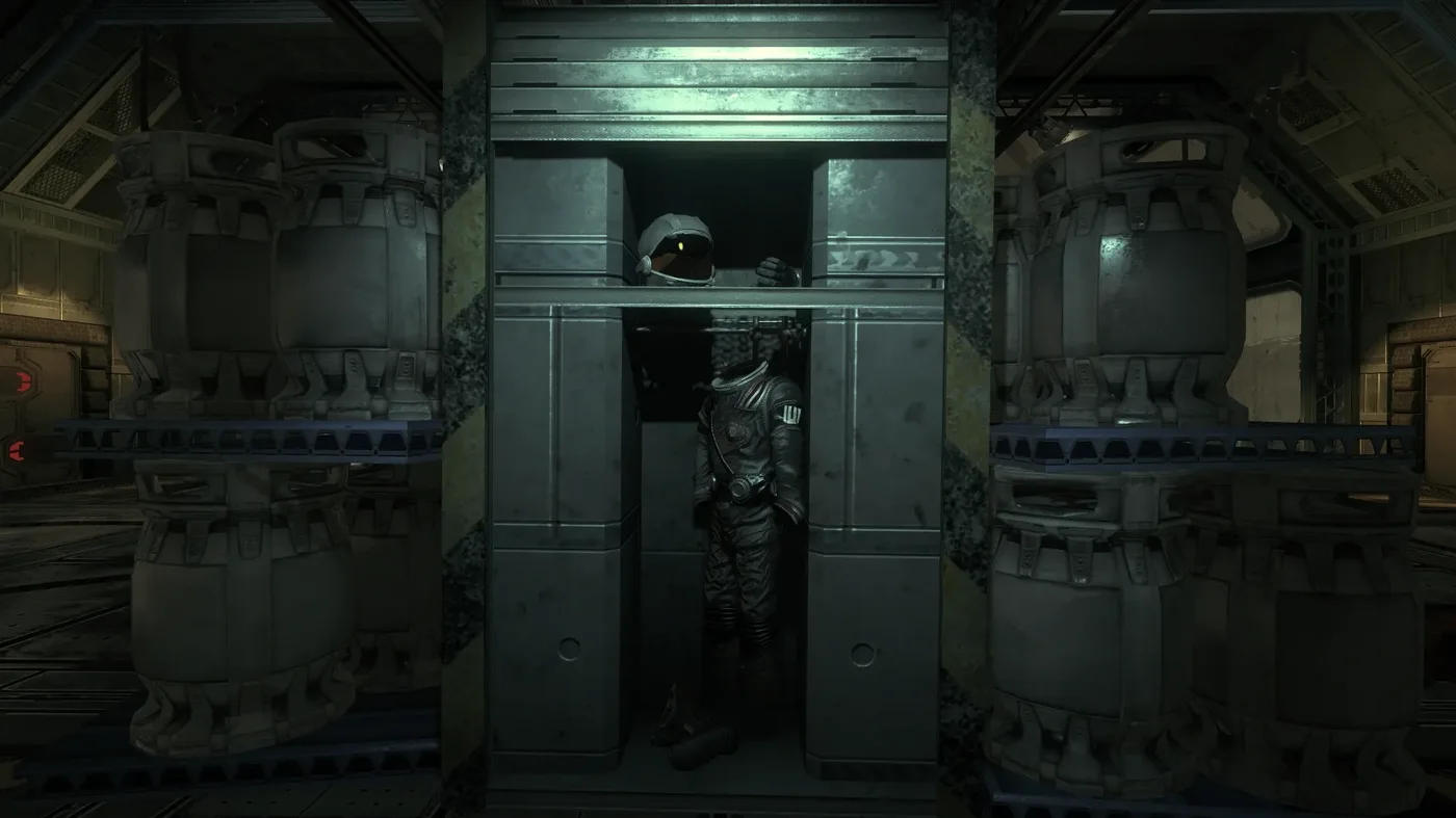 A P.E.S. space suit hanging in its locker in an airlock of Moon, Call of Duty Black Ops Zombies