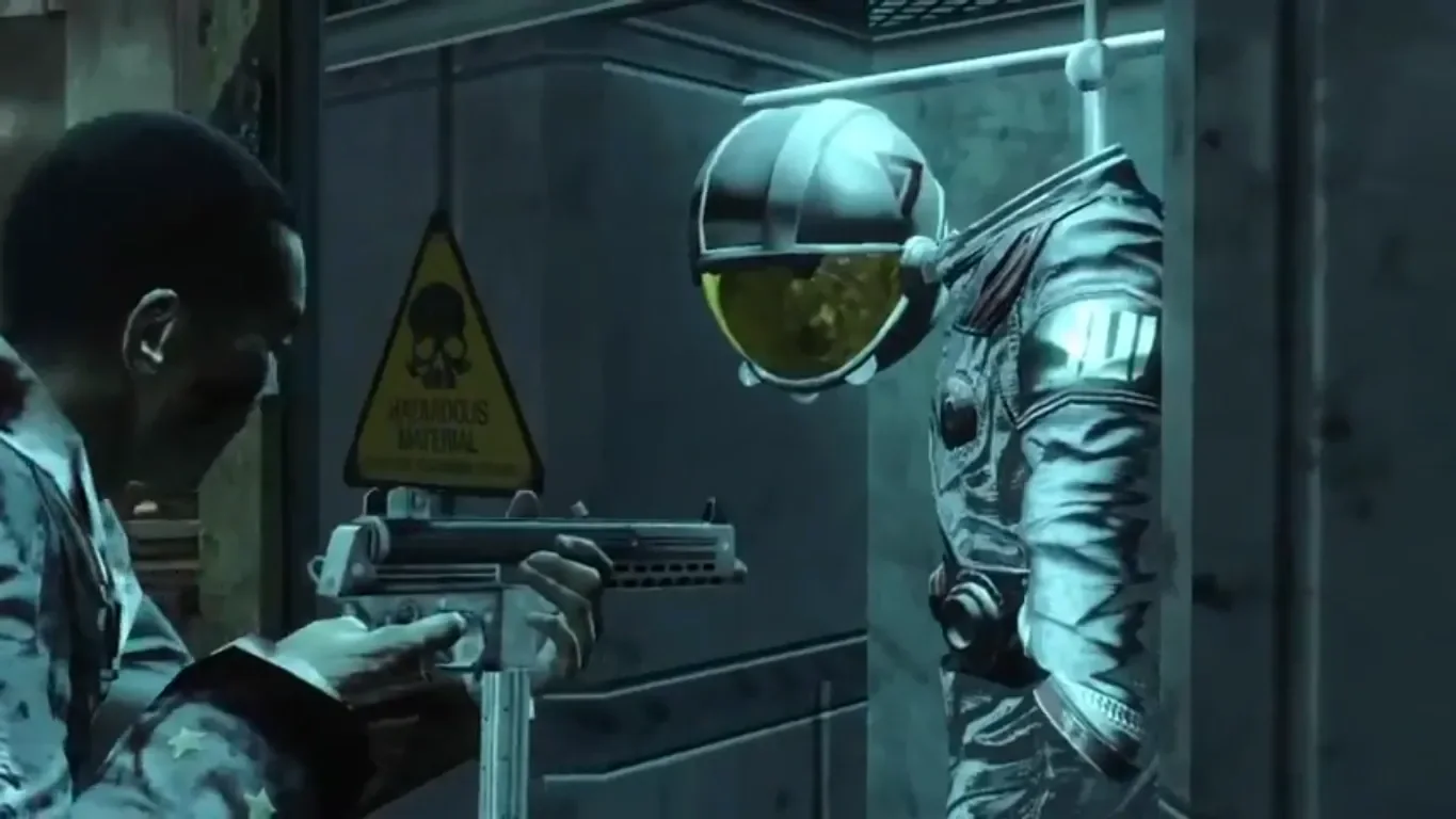 Takeo Masaki taking a P.E.S. space suit from its locker in Moon, Call of Duty Black Ops Zombies
