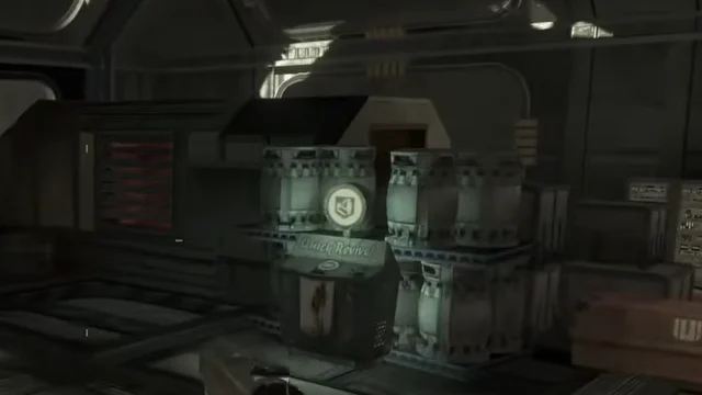 The Quick Revive machine against the wall of the Receiving Bay in Moon, Call of Duty Black Ops Zombies