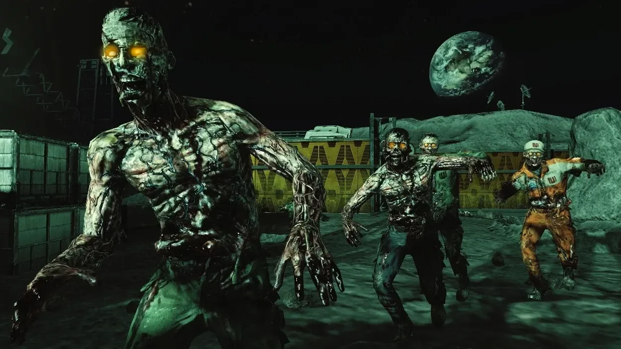 Zombies walking on the surface of the Moon, the Earth in the sky behind them in Moon, Call of Duty Black Ops Zombies