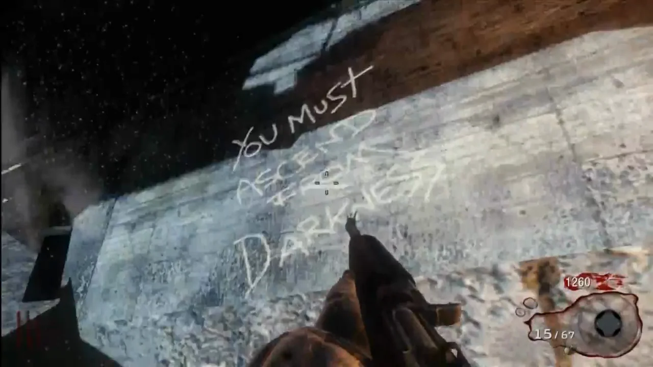 "You must ascend from darkness" chalked on a concrete wall of the bunker in Nacht der Untoten, Call of Duty Black Ops Zombies
