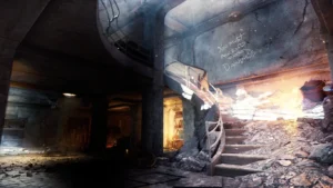 The starting room under the spiral staircase, with the Help door on the left and the words You Must Ascend From Darkness on the wall, Zombies Chronicles promotional image, Nacht der Untoten, Call of Duty Black Ops III Zombies