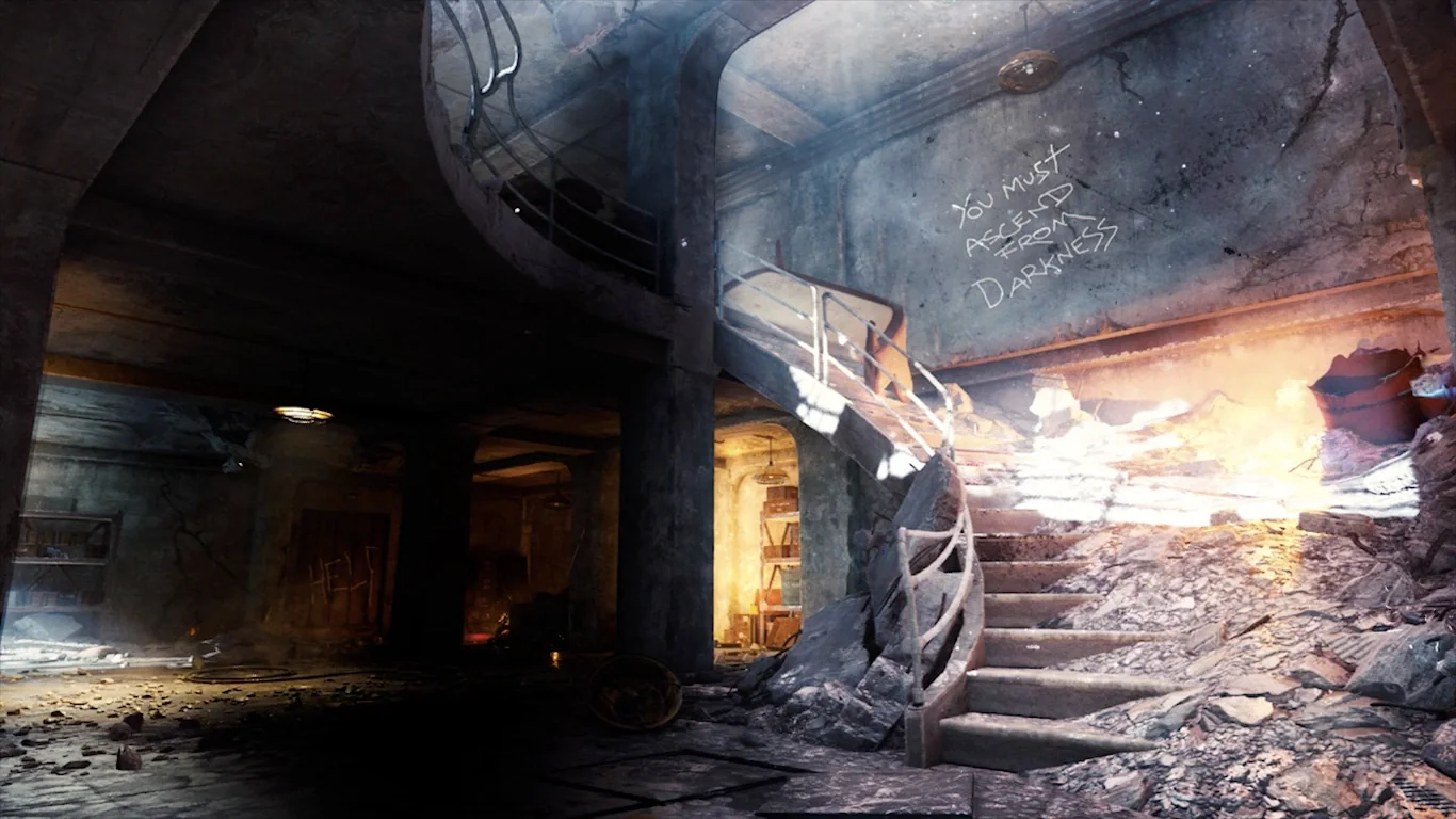 The starting room under the spiral staircase, with the Help door on the left and the words You Must Ascend From Darkness on the wall, Zombies Chronicles promotional image, Nacht der Untoten, Call of Duty Black Ops III Zombies