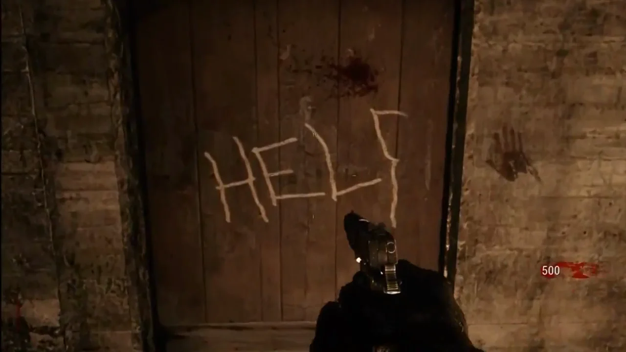 The Help door, its unfinished letters reading Hell, with a bloody hand print beside it in Nacht der Untoten, Call of Duty Black Ops Zombies