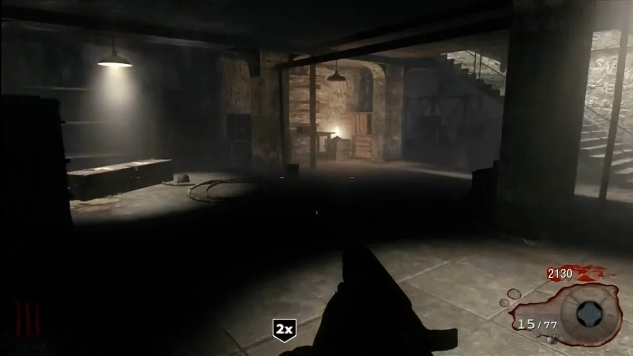 The Help room under a hanging lamp, the Mystery Box on the floor in Nacht der Untoten, Call of Duty Black Ops Zombies