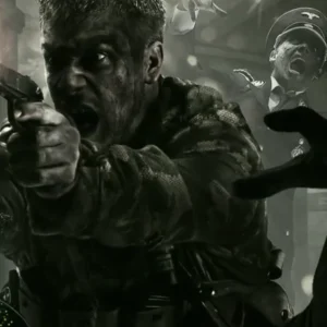 A soldier firing a pistol as zombies in German uniforms close in, from the "Night" art of the Rezurrection map pack, Call of Duty Black Ops Zombies