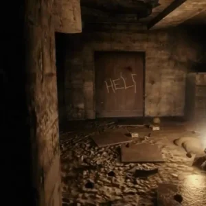 The Help door seen across the starting room, its unfinished letters reading Hell, in Nacht der Untoten, Call of Duty Black Ops Zombies