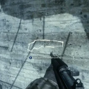 The chalk outline of the sawed-off shotgun on a concrete wall upstairs, with the prompt Hold to buy Sawed-Off Shotgun, Cost 1200, in Nacht der Untoten, Call of Duty Black Ops Zombies