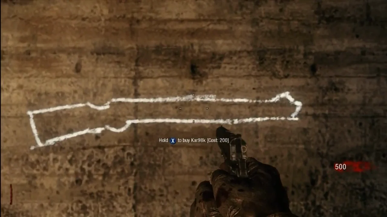 The chalk outline of the Kar98k on a wall of the starting room, with the prompt Hold to buy Kar98k, Cost 200, in Nacht der Untoten, Call of Duty Black Ops Zombies